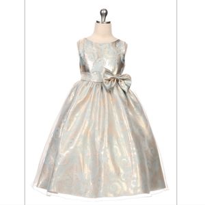Kid's Dream 2T or 3T Blue Gold Paisley Jacquard Organza Flower Girl Dress